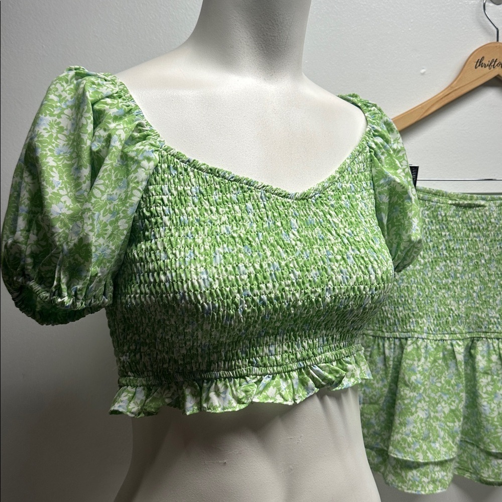 Sabo Monaco Skirt Shirred Leti Top 2 Piece Set Floral Stretch Green Size XS - Picture 3 of 10